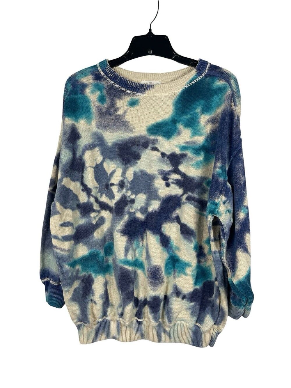 Natural Life Slouchy Sweater S/M Blue Green Tie Dye Cotton Boho Oversized Hippie